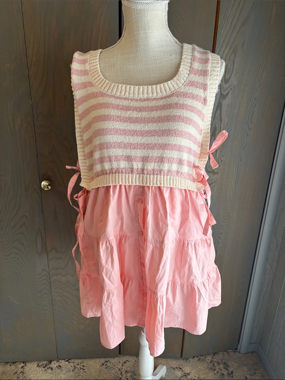 NWT Fantastic Fawn Kammie Dress Mixed Media Striped Tiered Pink White Pockets